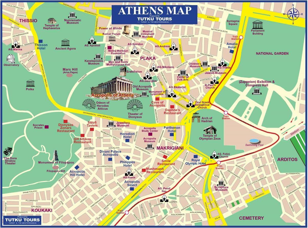 Map of Athens tourist: attractions and monuments of Athens